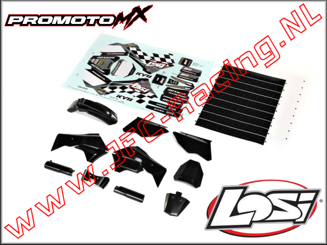 LOS 260006, Promoto-MX Plastics Body Parts Black With Wraps 1pcs.